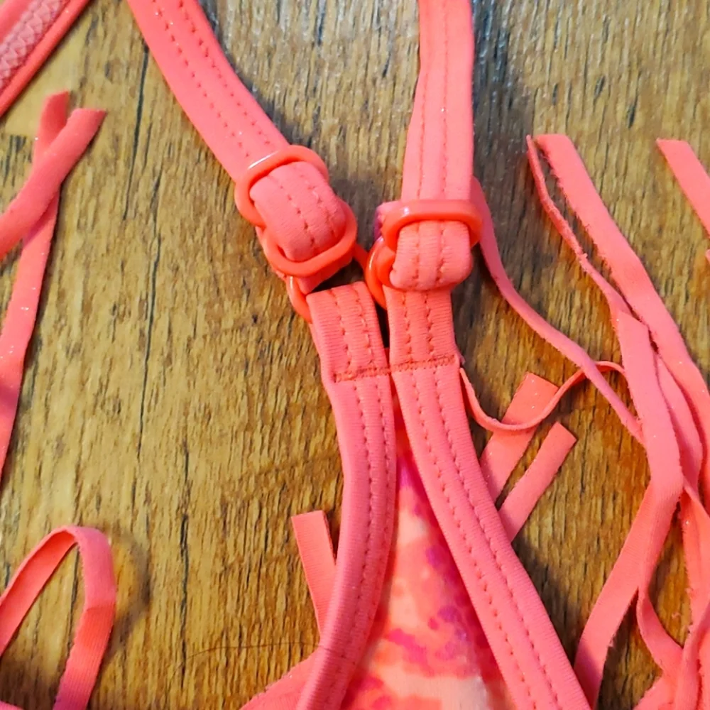 Justice Fluorescent‎ Coral Fringed Swim Bikini Top Size 14 Girl